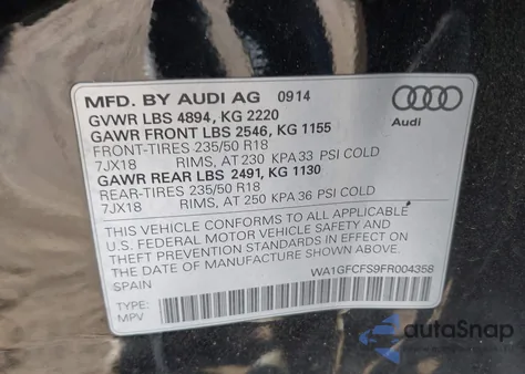 2015 Audi Q3 2.0T Premium Plus из США, поврежденный, VIN WA1GFCFS9FR004358